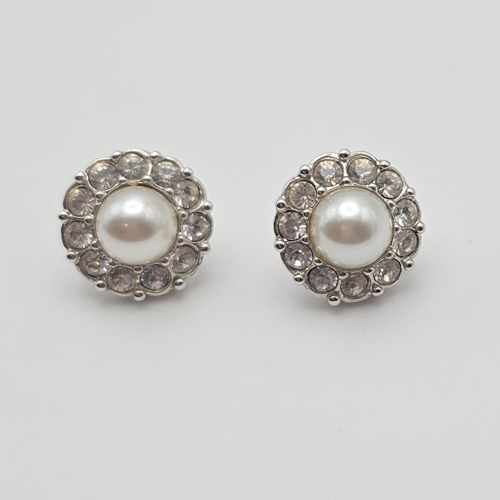 Vtg Signed SWAROVSKI Earrings Faux Pearl Crystals Stud Swan Logo FREE $HIPPING!!